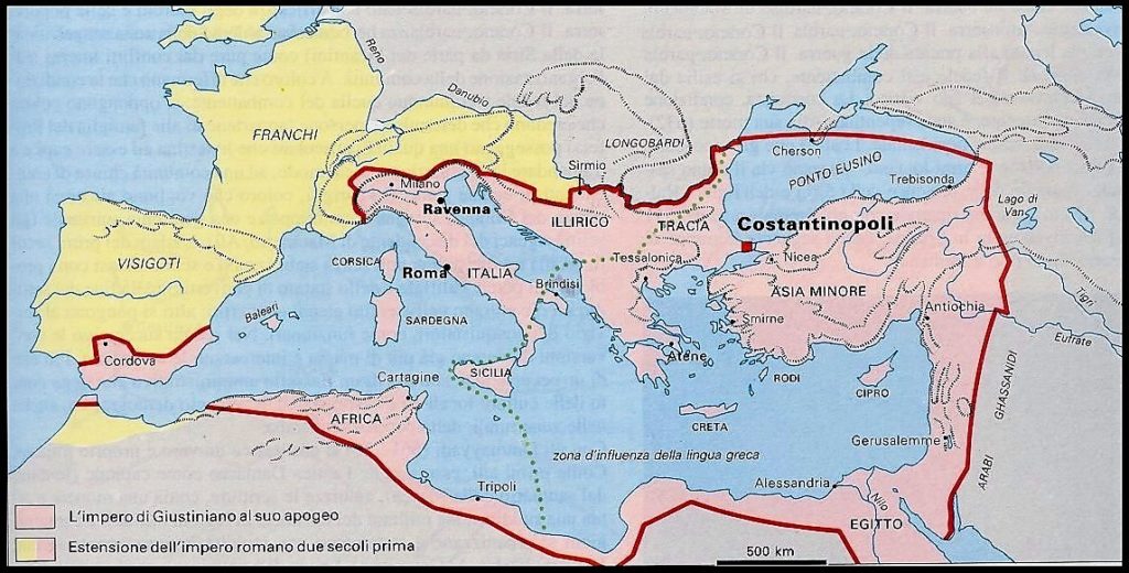 Dopo il 476 l’Impero Romano era sopravvissuto nella sua parte orientale, detta "Impero Bizantino" dal nome di Bisanzio, poi denominata Costantinopoli