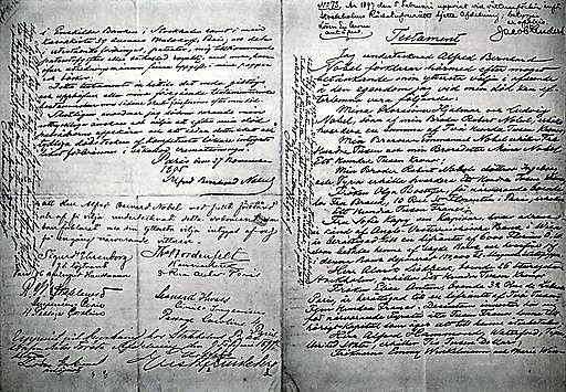 testamento, di cui oggi è esposta una copia nella Villa Nobel a Sanremo, decise di destinare il suo residuo patrimonio ad una fondazione.